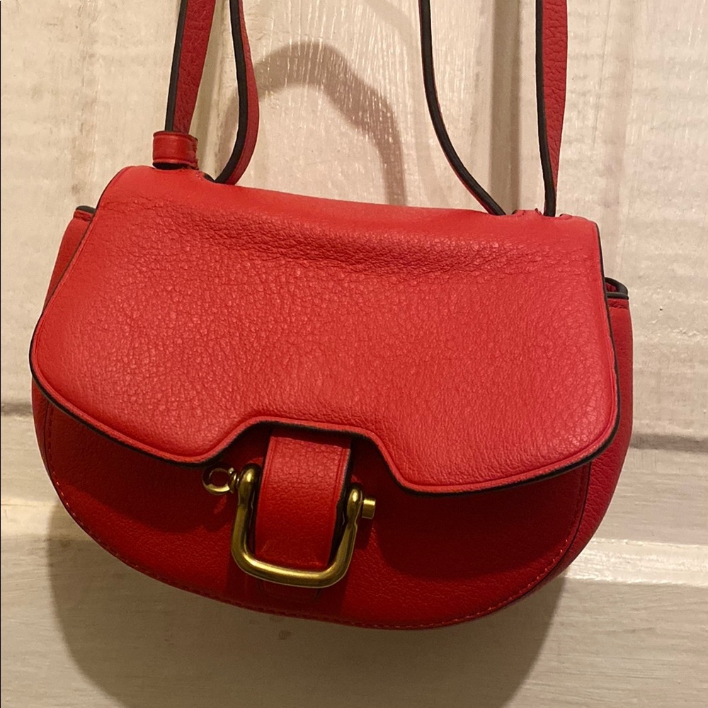 J.Crew 100% Vibrant Red Crossbody Bag with Saddle Shape and Gold Hardware - Picture 8 of 16